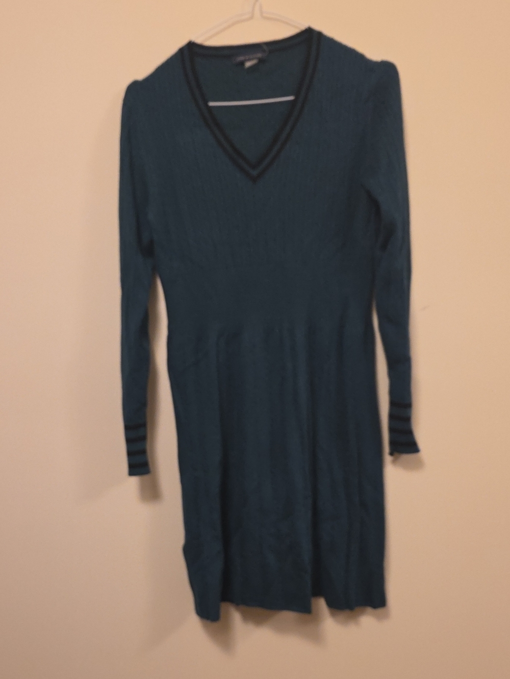 Tommy Hilfiger Teal V-Neck Ribbed Knit Dress with Stripe Trim